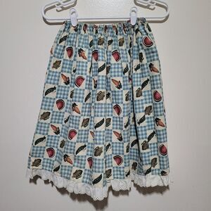 OOAK Vintage Blue Checkered Skirt with Fruit Print